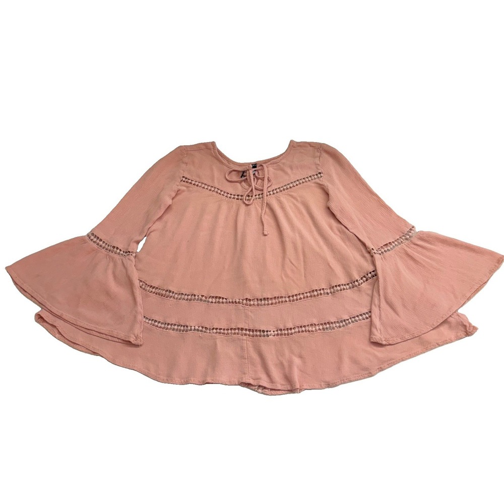 Design Lab Coquette Boho Blush Pink Bell Sleeve Crochet Trim Blouse 100% Rayon S